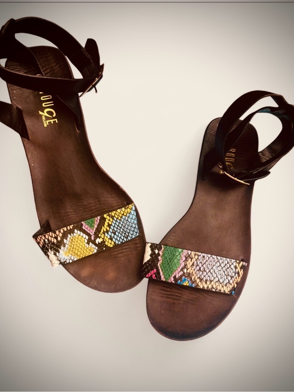 EUC Rouge Helium Size 7 Multi-Color Snakeskin Flat Ankle Strap Sandals